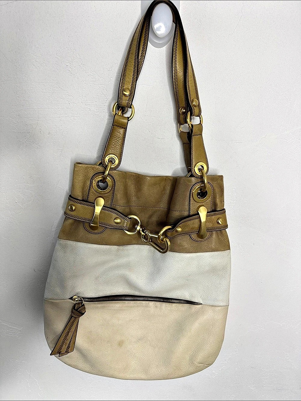 B. Makowsky Leather Shoulder Bag in Brown & White